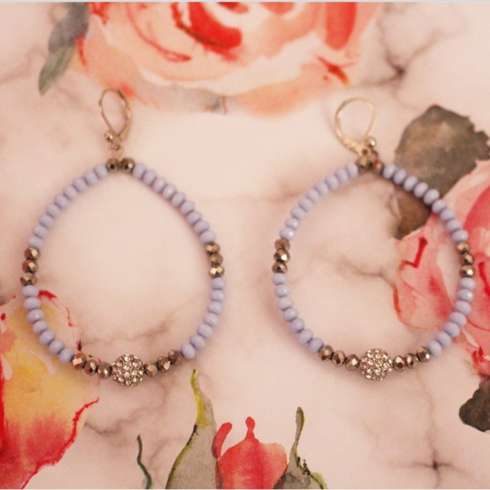 Pale Blue Beaded Rhinestone Dangle Hoop Earrings